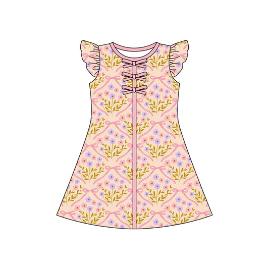 preorder GSD3853 Pink Bows Flowers Flutter Sleeve Girls Dress