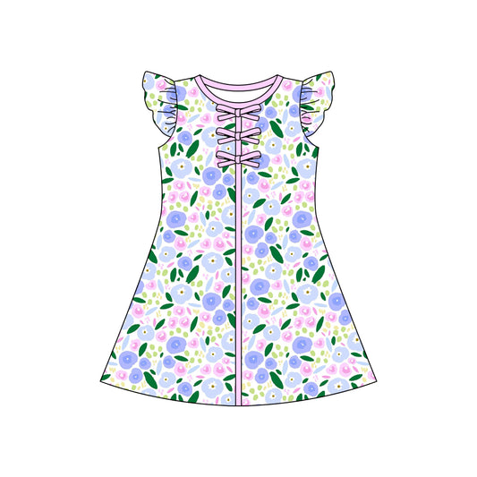preorder GSD3854 Blue Bows Flowers Flutter Sleeve Girls Dress