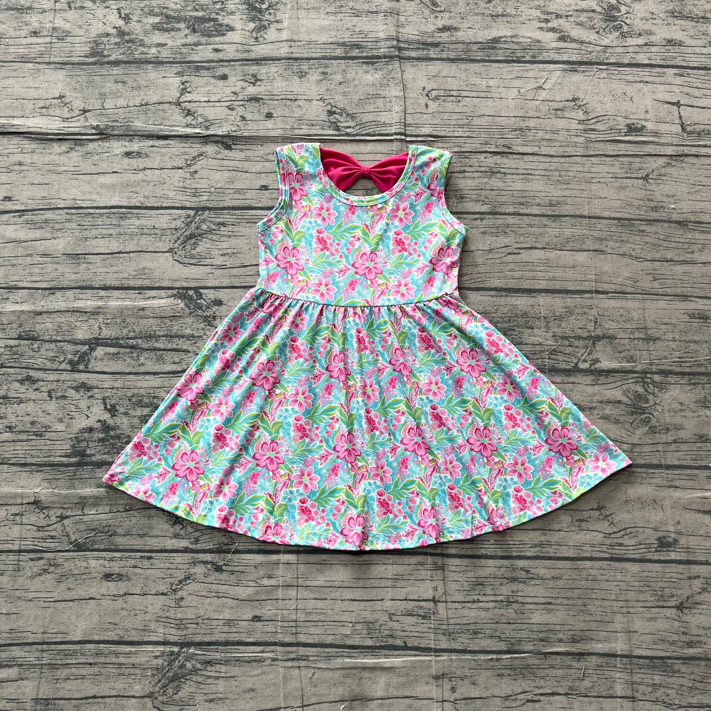 preorder Samples GSD3863 Hot Pink Flowers Blue Sleeveless Girls Dress