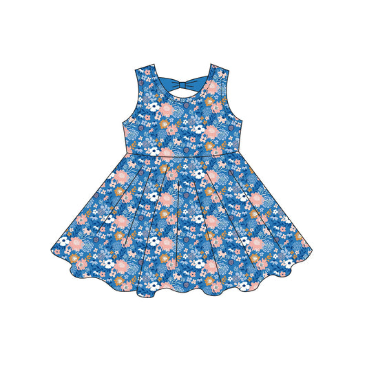 preorder GSD3864 Colorful Flowers Blue Sleeveless Girls Dress