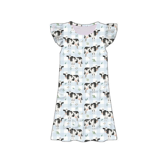 preorder GSD3895 Farm Cow Blue Flutter Sleeve Girls Dress