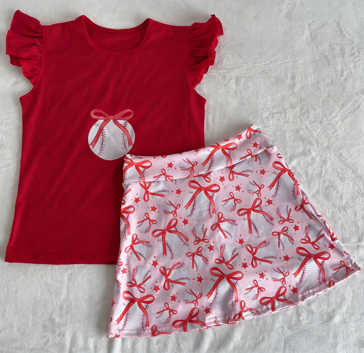 preorder GSD3904 Baseball Bows Flutter Sleeve Skorts Girls Set