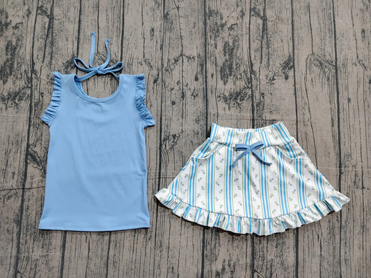 preorder Samples GSD3906 Yoga Blue Sleeveless Flowers Skorts Girls Set