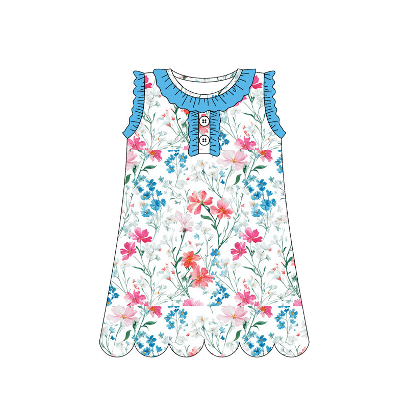 preorder GSD3919 Blue Pink Flowers Sleeveless Girls Dress