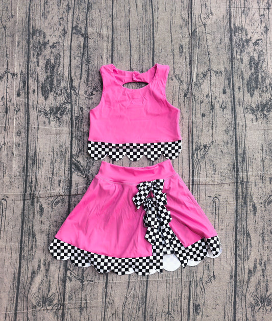 Preorder Samples GSD3926 Yoga Scallop Hot Pink Sleeveless Skorts Bows Girls Set