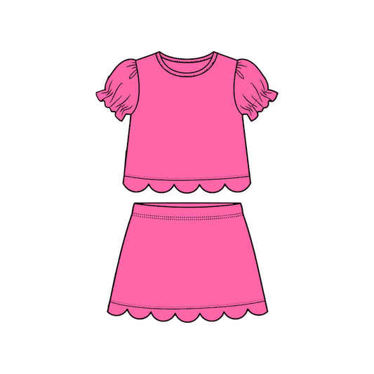 preorder GSD3930 Solid Color Hot Pink Scallop Short Sleeve Skorts Girls Set