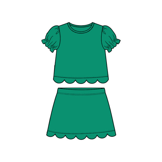preorder GSD3931 Solid Color Green Scallop Short Sleeve Skorts Girls Set