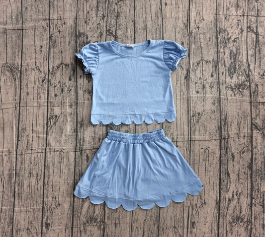 preorder Samples GSD3933 Solid Color Blue Scallop Short Sleeve Skorts Girls Set
