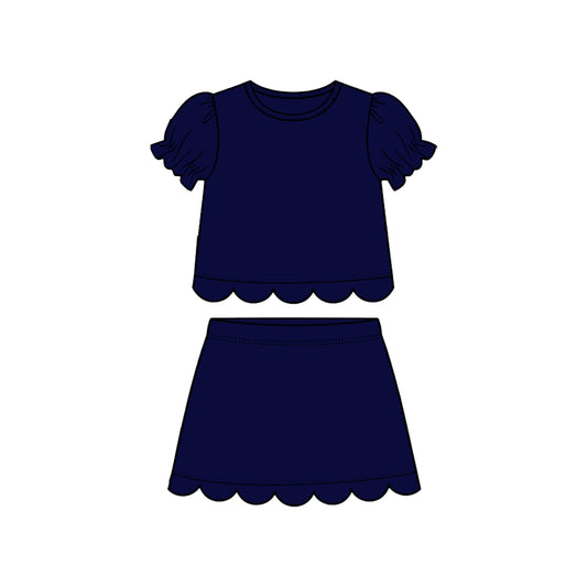 preorder GSD3934 Solid Color Navy Blue Scallop Short Sleeve Skorts Girls Set
