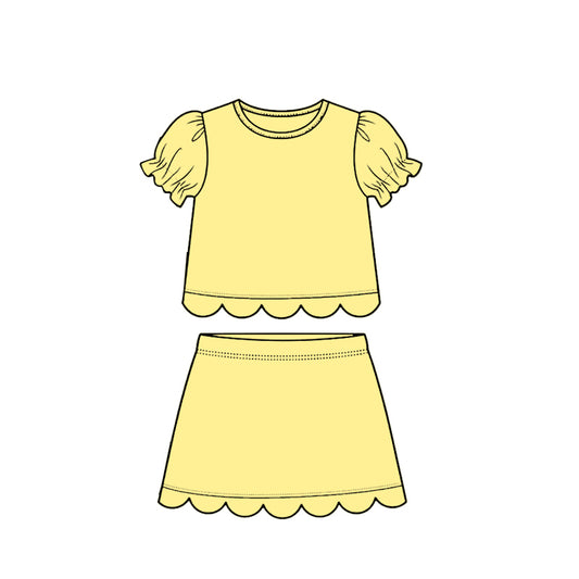 preorder GSD3936 Solid Color Yellow Scallop Short Sleeve Skorts Girls Set