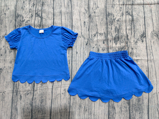 preorder Samples GSD3937 Solid Color Blue Scallop Short Sleeve Skorts Girls Set