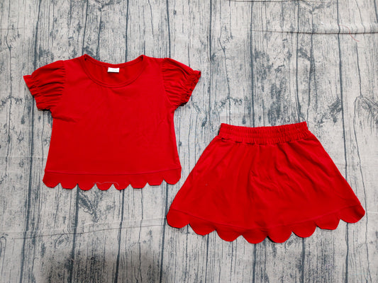 preorder Samples GSD3938 Solid Color Red Scallop Short Sleeve Skorts Girls Set