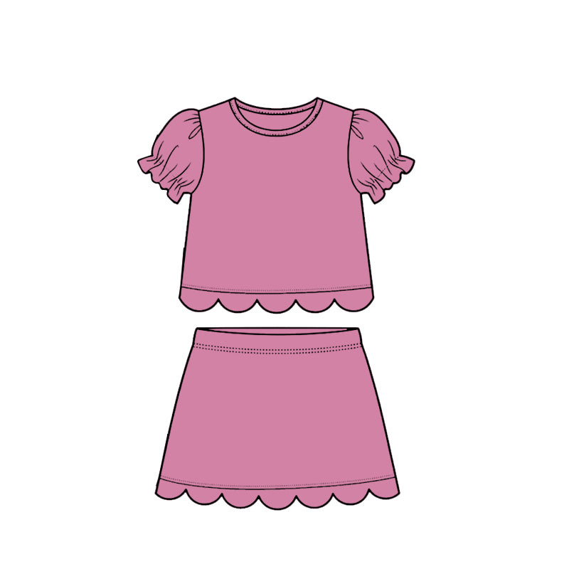 preorder GSD3939 Solid Color Pink Scallop Short Sleeve Skorts Girls Set