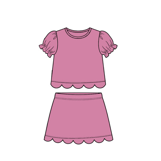 preorder GSD3939 Solid Color Pink Scallop Short Sleeve Skorts Girls Set