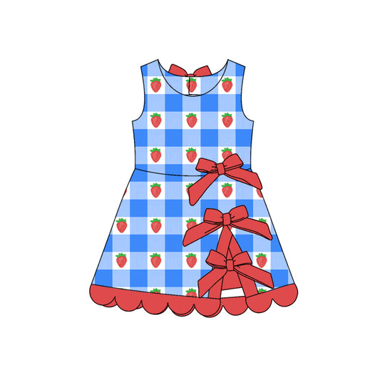 Preorder GSD3946 Strawberry Blue Checkered Bows Sleeveless Skorts Girls Dress