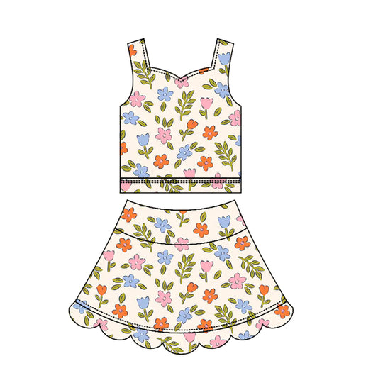 Preorder GSD3947 Yoga Colorful Flowers Sleeveless Skorts Girls Set