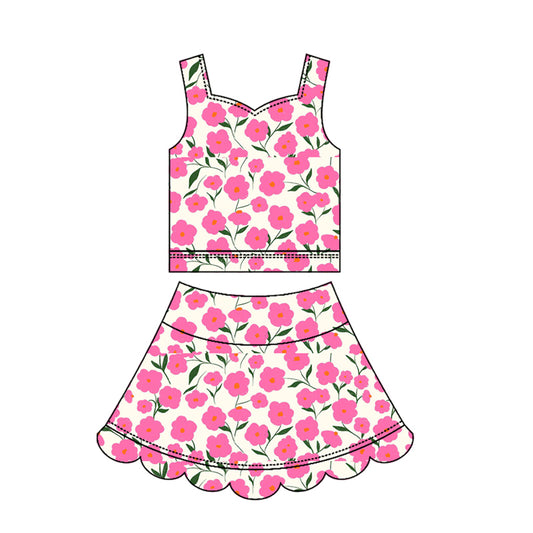 Preorder GSD3949 Yoga Pink Flowers Sleeveless Skorts Girls Set