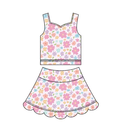 Preorder  GSD3950 Yoga Pink Flowers Sleeveless Skorts Girls Set