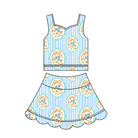 Preorder GSD3951 Yoga Blue Flowers Sleeveless Skorts Girls Set