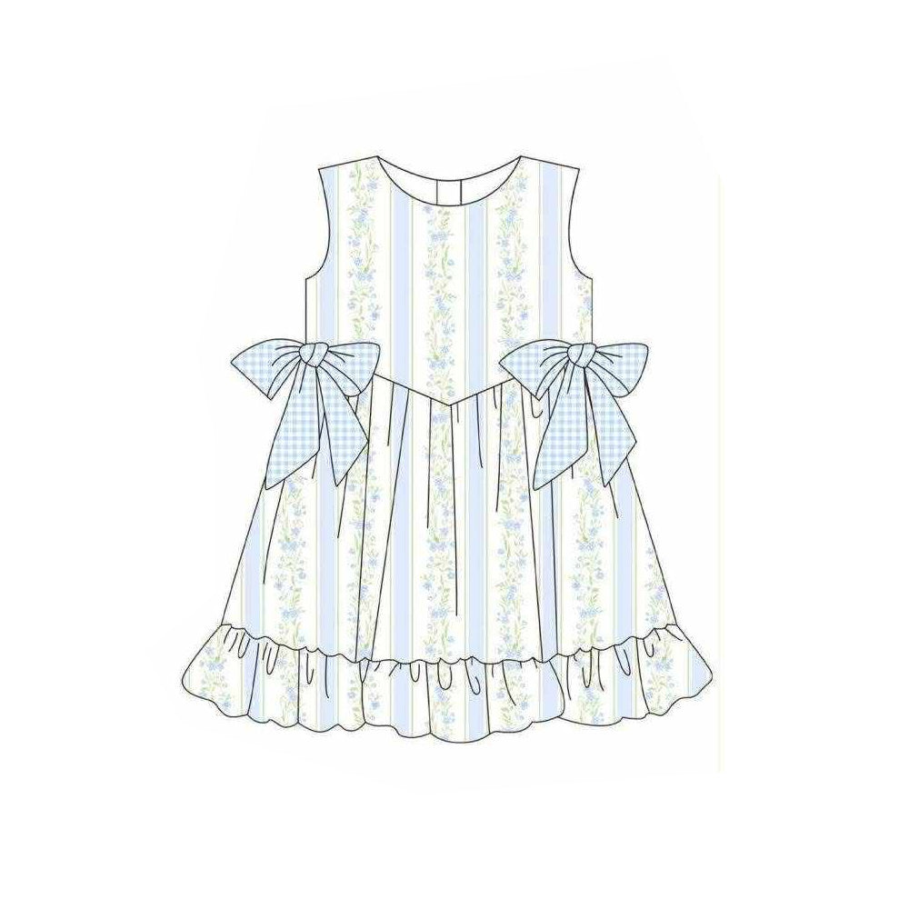 preorder GSD3955 Blue Flowers Bows Sleeveless Girls Dress