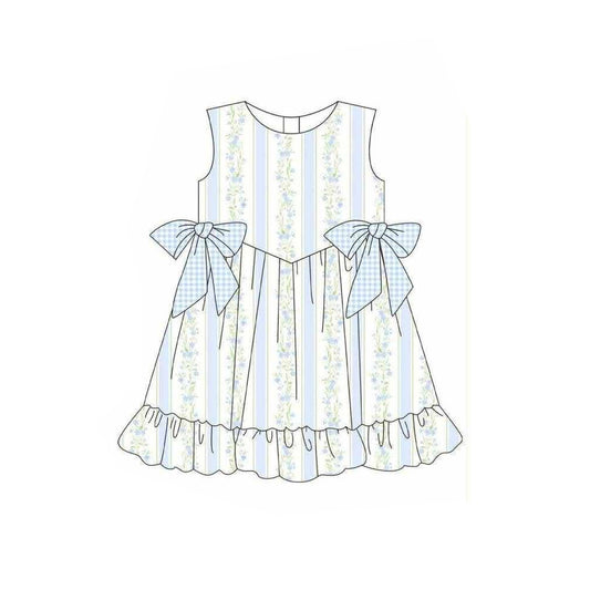 preorder GSD3955 Blue Flowers Bows Sleeveless Girls Dress