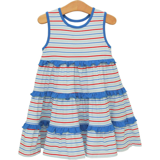preorder GSD3985 July 4th Red Blue Striped Sleeveless Girls Dress