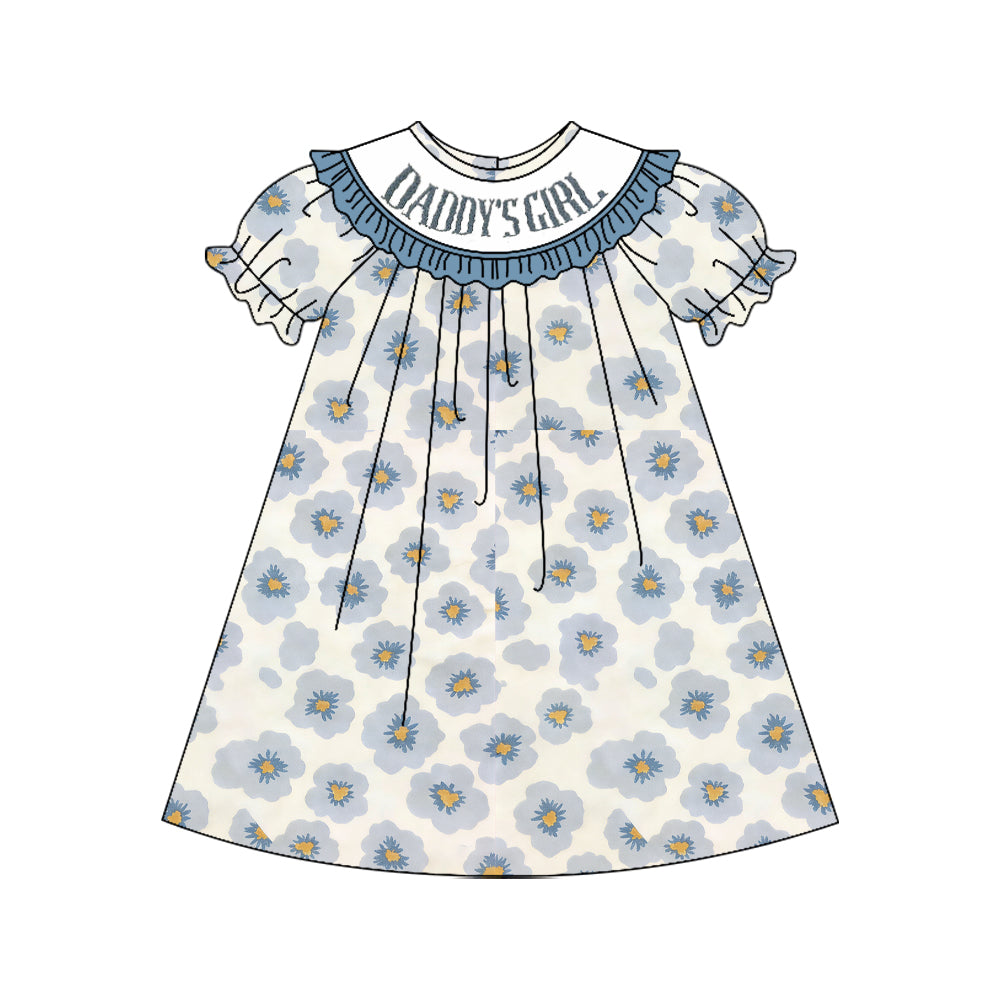 preorder GSD3987 Daddy's Girl Blue Flowers Short Sleeve Girls Dress