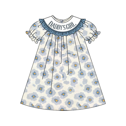 preorder GSD3987 Daddy's Girl Blue Flowers Short Sleeve Girls Dress