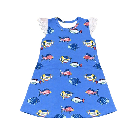 Preorder GSD3992 Cute Fish Blue Flutter Sleeve Girls Dress