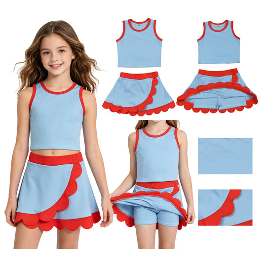 GSD4020 Yoga Scallop Blue Sleeveless Skorts Girls Set