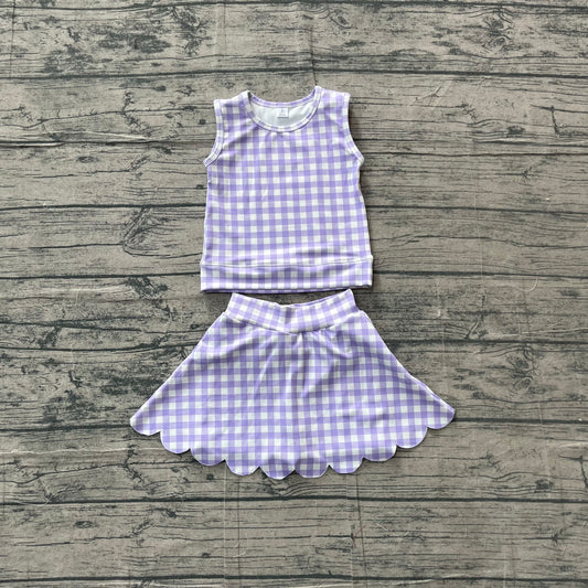 preorder Samples GSD4067 Scallop Purple Checkered Sleeveless Skorts Girls Set