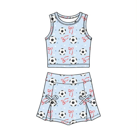 preorder GSD407 Yoga Soccer Bows Blue Sleeveless Skorts Girls Set