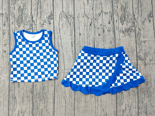 preorder Samples GSD4110 Yoga Blue Checkered Sleeveless Skort Skirt Girls Set