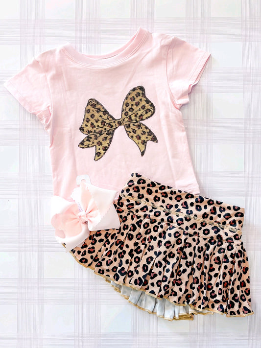 preorder GSD4174 Bow Pink Short Sleeve Leopard Skirt Girls Set