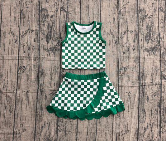 preorder Samples GSD4178 Yoga Green Checkered Sleeveless Skorts Girls Set