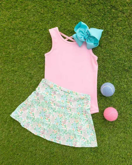 preorder GSD4180 Pink Sleeveless Floral Flowers Skorts Girls Set