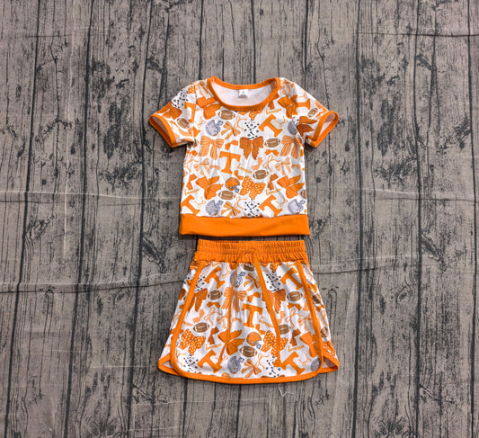 preorder Samples GSD4181 Yoga Team Orange Bows Short Sleeve Skorts Girls Set