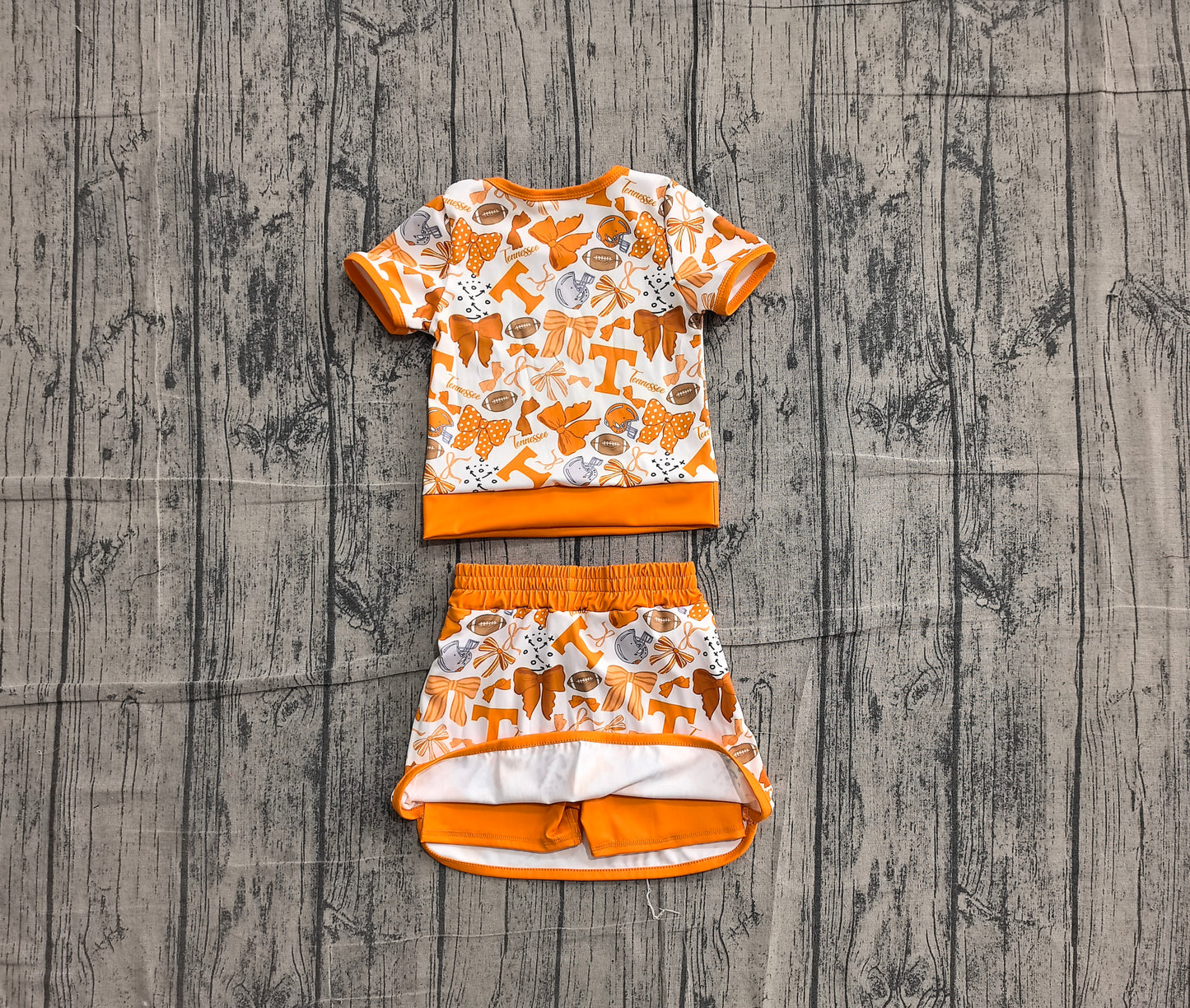 preorder Samples GSD4181 Yoga Team Orange Bows Short Sleeve Skorts Girls Set