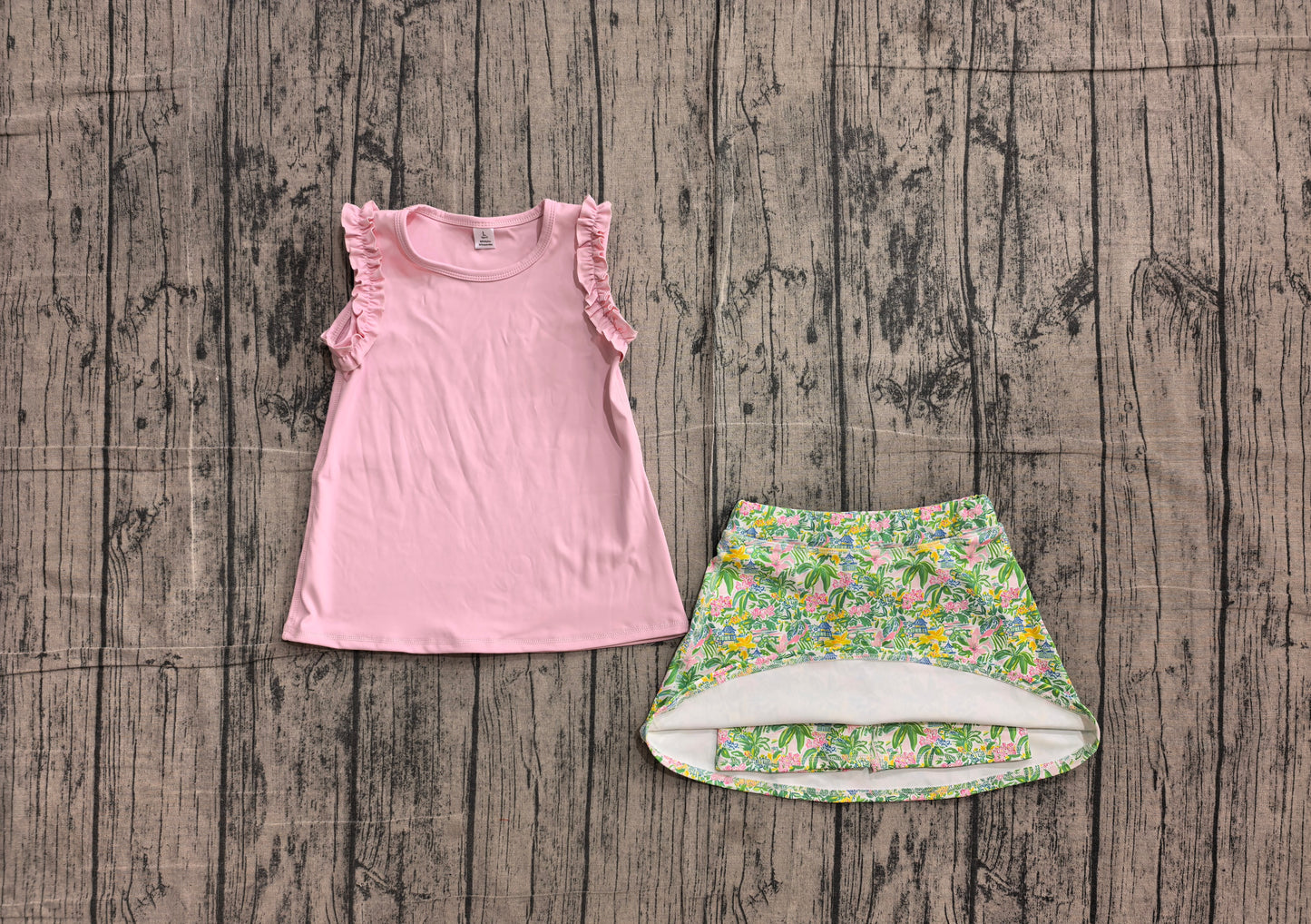 preorder Samples GSD4217 Light Pink Sleeveless Tree Skorts Girls Set