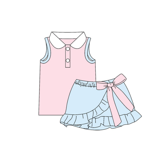 preorder GSD4219 Pink Sleeveless Light Green Bow Skorts Girls Set