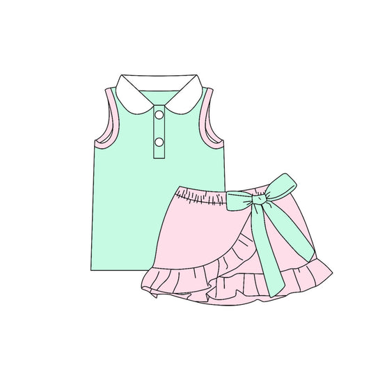 preorder GSD4221 Light Green Sleeveless Light Pink Bow Skorts Girls Set