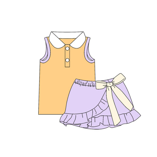 preorder GSD4222 Yellow Sleeveless Light Purple Bow Skorts Girls Set