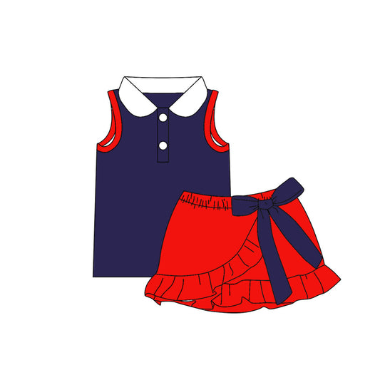 preorder GSD4223 Navy Blue Sleeveless Red Bow Skorts Girls Set