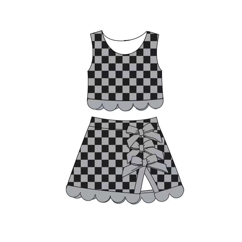 preorder GSD4236 Yoga Black Checkered Sleeveless Bows Skorts Girls Set