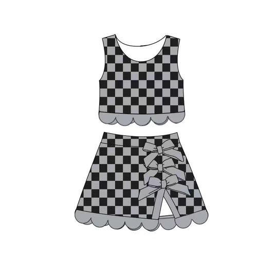 preorder GSD4236 Yoga Black Checkered Sleeveless Bows Skorts Girls Set