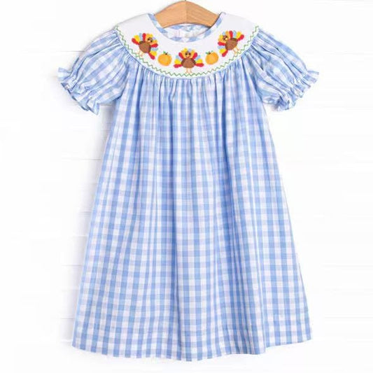 preorder GSD4250 Thanksgiving Turkey Pumpkin Checkered Short Sleeve Girls Dress
