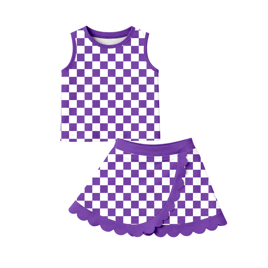 preorder GSD4251 Yoga Purple Checkered Sleeveless Skorts Girls Set