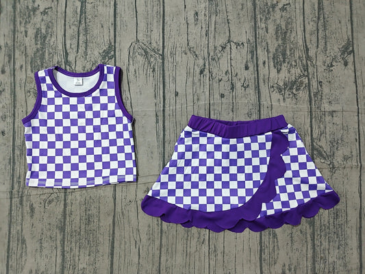 preorder Samples GSD4251 Yoga Purple Checkered Sleeveless Skorts Girls Set