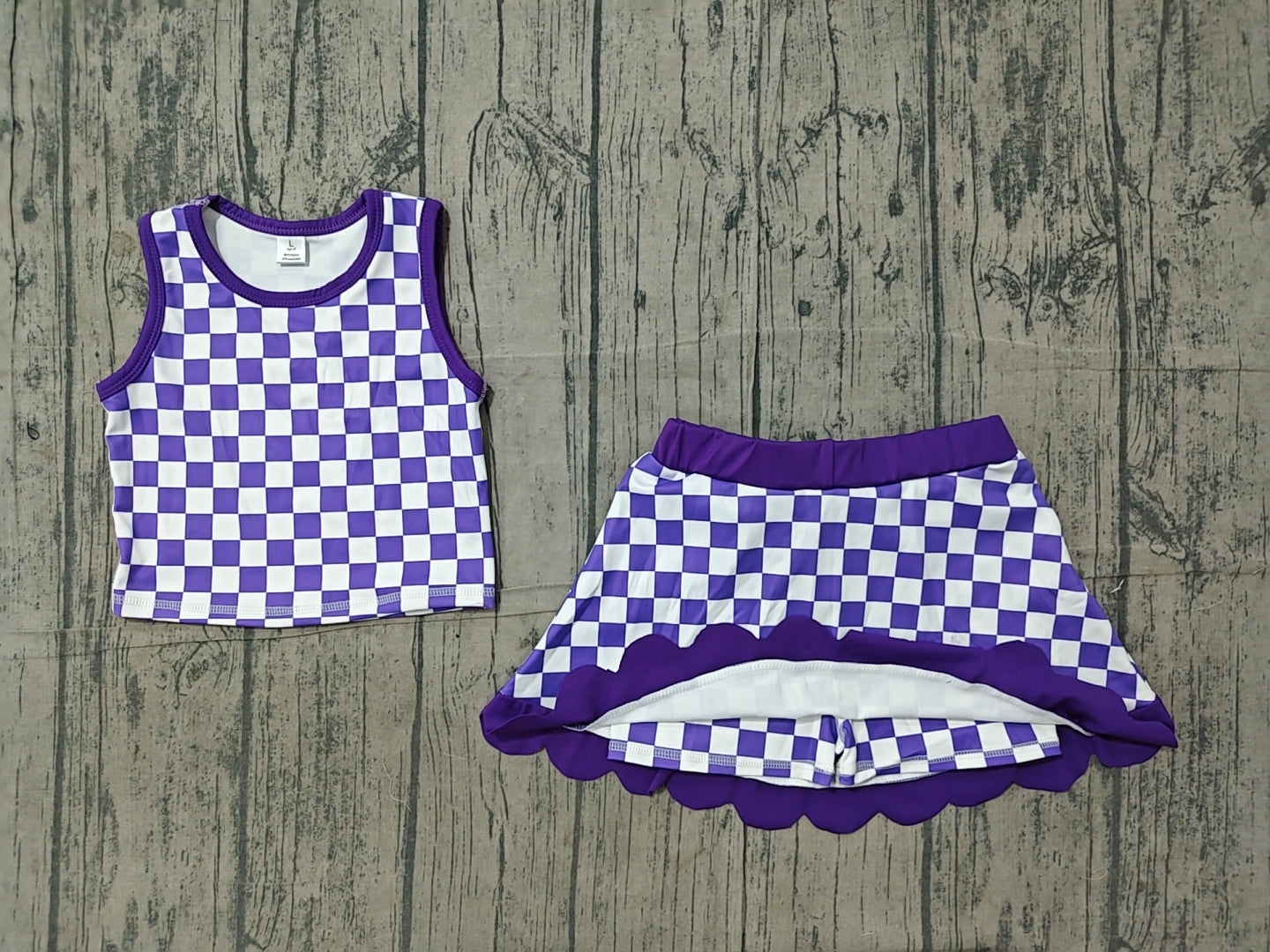 preorder Samples GSD4251 Yoga Purple Checkered Sleeveless Skorts Girls Set