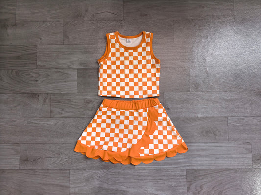 preorder Samples GSD4252 Yoga Orange Checkered Sleeveless Skorts Girls Set